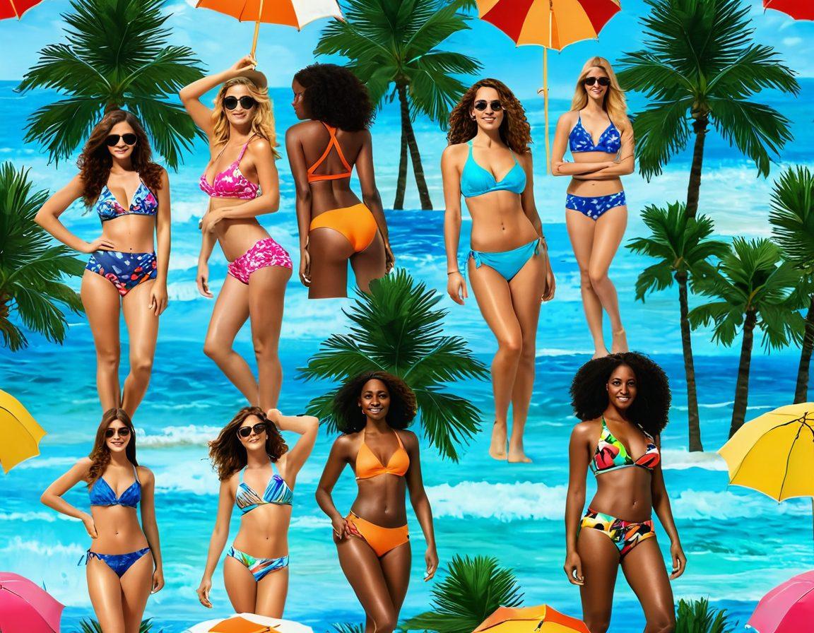A vibrant beach setting showcasing diverse swimwear styles on various body types, including bikinis, one-pieces, and cover-ups. Sunlight glistens on the water, while beachgoers enjoy activities like volleyball and sunbathing. Incorporate colorful beach umbrellas, lush palm trees, and an inviting ocean backdrop to convey a joyful summer atmosphere. Highlight unique patterns and textures of the swimwear. vibrant colors. 3D. ultra-realistic.