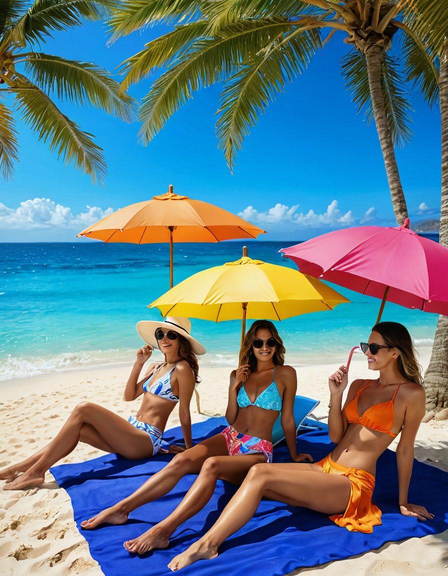 A stylish beach scene showcasing a diverse group of people in chic bikinis, vibrant sarongs, and luxurious resort wear lounging under colorful umbrellas. The background features a picturesque coastline with clear blue waters and palm trees swaying in the breeze. Include accessories like sun hats and sunglasses to enhance the fashion aspect. Focus on capturing a lively, fun atmosphere with bright colors. vibrant colors. super-realistic.